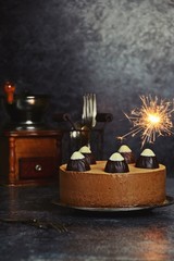 Chocolate cake on the dark background 