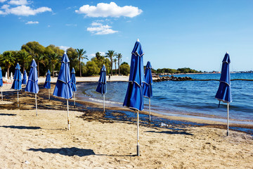 Texture of crude oil spill on sand beach from oil spill accident, Agios Kosmas bay, Athens, Greece, September 14 2017. Greek oil spill spreads to Athens Riviera following the sinking of an oil tanker.