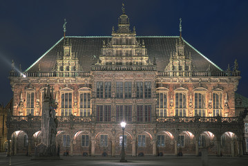 Town Hall Bremen, Germany by night with bright lighted facade