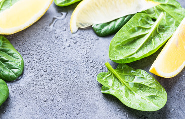 Fototapeta na wymiar Young spinach leaves and slices of lemon fresh ingredients on grey stone background text space.