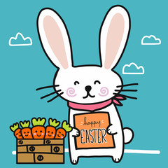 Happy Easter rabbit and carrot basket cartoon vector illustration