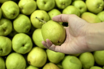 Holding a fresh green pear in the market