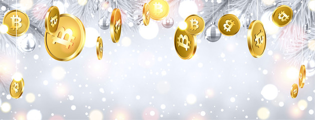 Shiny winter banner with gold bitcoins.