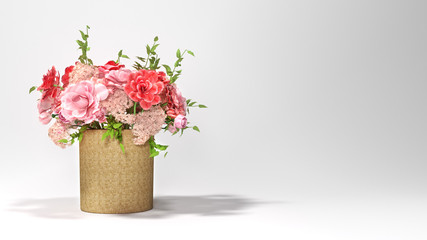 Multicolor flowers in wicker basket in front of white background