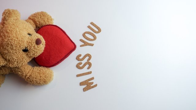 Top view of cute brown teddy bear looking up while holding bright red heart in front of the word miss you on white background leaving copy space on the right side of the photo.