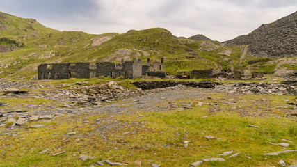 The ruins of the barracks of the disused Rhosydd Quarry near Blaenau Ffestiniog, Gwynedd, Wales, UK