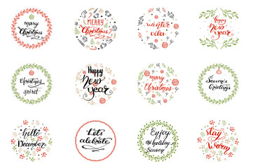 Set of Greeting card designs with Christmas lettering. Vector illustration.