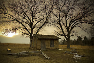 Sod House on the ridge of the prairie area in the winter at sunset at Shaw Nature Reserve in eastern Missouri...Photo by Kyle Spradley | www.kspradleyphoto.com