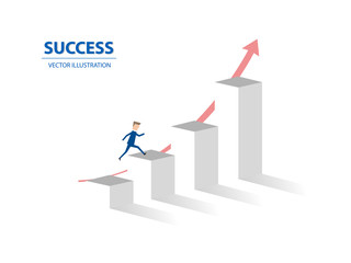 Businessman jumps on graph columns with his high ambition. A concept of success, achievement, motivation. Vector illustration.