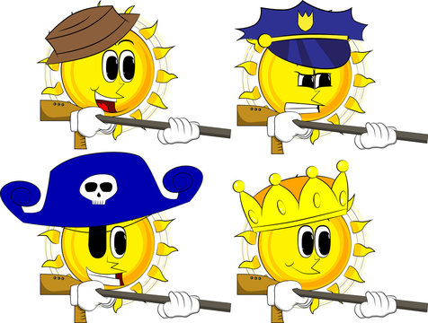Cartoon sun with a big gun. Collection with costume. Expressions vector set.