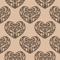 Brown and beige hearts as seamless pattern. Romantic background