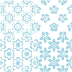 Floral patterns. Set of light blue elements on white. Seamless backgrounds