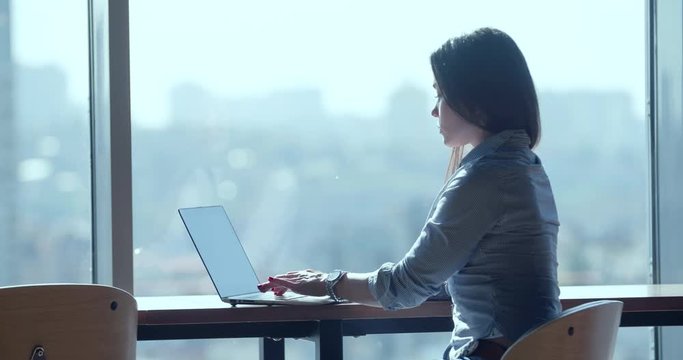 Woman laptop working over window at modern office 4k video. Businesswoman over computer screen. Business workplace. Company staff in open space