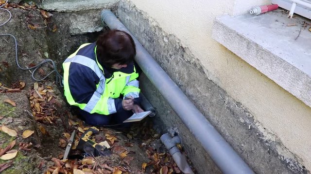 The woman plumber calculates the size of the water pipes for replacement outside the house.