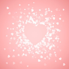 Heart shape confetti. Splash with pink heart frame inside. Happy Valentine`s day card. Vector illustration