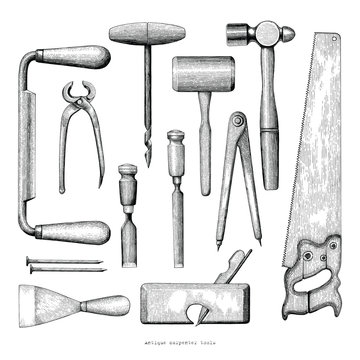 Antique carpenter tools hand drawing vintage style on white background