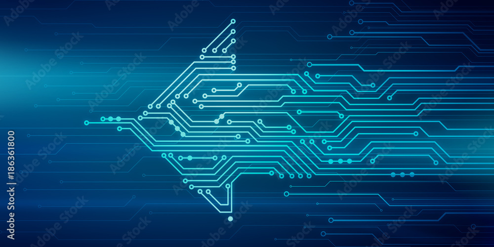 Fototapete abstract digital illustration of microchip board in arrow shape movingfrom right to left on blue bac