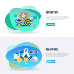 Flat concept web banner of corporate management and project workflow, leadership and teamwork. Conceptual vector illustration for web design, marketing, graphic design.