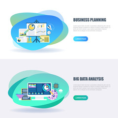 Flat concept web banner of big data analysis, global analytics, financial research report, marketing statistics, planning. Conceptual vector illustration for marketing, web design.