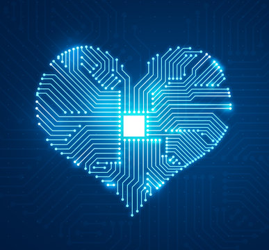 Abstract digital illustration of microchip board on heart shape on blue background. Conceptual St. Valentine's greeting card. 