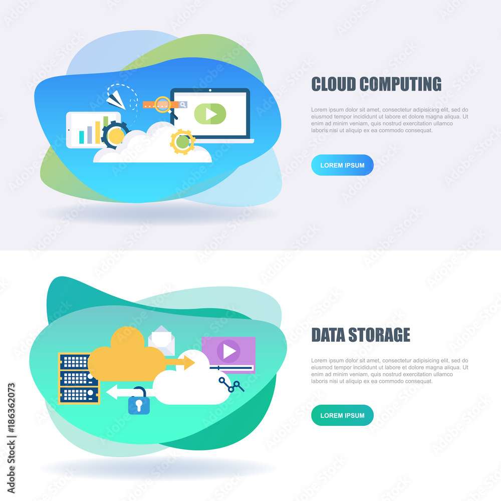 Poster Flat concept web banner of cloud data technology services, global connection, cloud computing, web and app development. Conceptual vector illustration for web design, marketing, and graphic design.