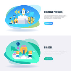 Flat concept web banner of creative process and project workflow, big idea, finding solution, brainstorming. Conceptual vector illustration for web design, marketing, graphic design.