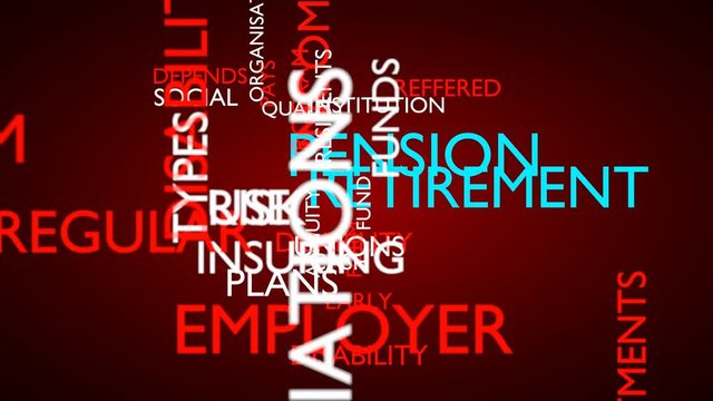 Pension, retirement word tag cloud. 3D rendering, loop able, red variant, UHD