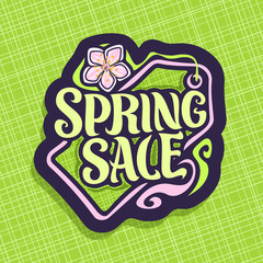 Vector logo for Spring season Sale, promotion price tag for spring discount, decorative handwritten font for text spring sale, springtime cut paper label with flower, promo coupon for seasonal offer.