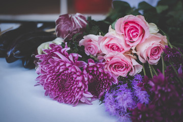 pink flower on table for making bouquet. flora arrangement. blossom arranging