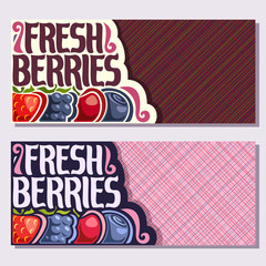 Vector banners for Fresh Berries with copy space, strawberry, ripe blackberry, cherry berry, healthy blueberry in a row on geometric background, veg mix with title text fresh berries for vegan store.