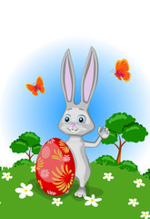 greeting card easter bunny egg holiday greeting painted beautiful joyful background landscape trees grass butterfly cartoon style