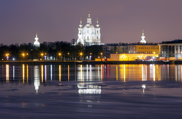 Fototapeta premium Evening view of the Smolny Cathedral and the Neva River. St. Petersburg. Russia