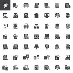 Data recovery vector icons set, modern solid symbol collection, filled style pictogram pack. Signs, logo illustration. Set includes icons as hard drive disk, store binary file, transfer data
