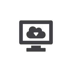 Cloud storage on computer screen icon vector, filled flat sign, solid pictogram isolated on white. Monitor screen with download cloud symbol, logo illustration.