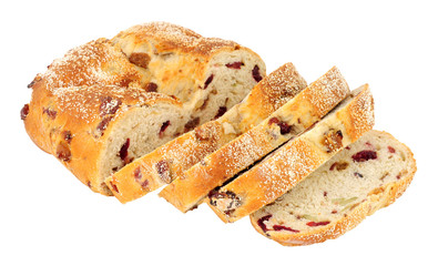 Cranberry, raisin and cashew nut bloomer bread loaf isolated on a white background