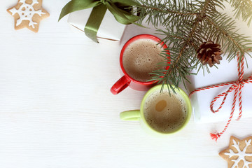 morning after a holiday/ coffee with milk, gifts and baking under a Christmas tree top view