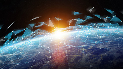 Connections system and datas exchanges on planet Earth 3D rendering