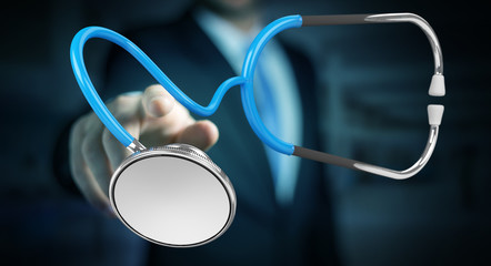 Businessman holding and touching floating stethoscope 3D rendering