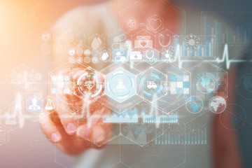 Businesswoman using digital medical interface 3D rendering
