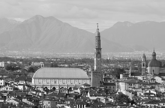 Wonderful view of VICENZA city in Italy and the famous monument called BASILICA PALLADIANA with balck and white effect