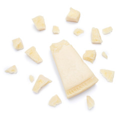pieces of Parmesan cheese on white background