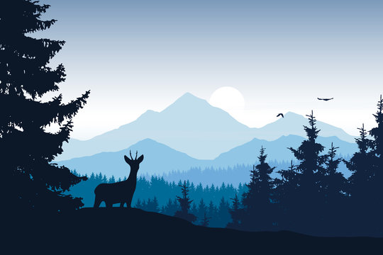 Realistic vector illustration of mountain landscape with forest