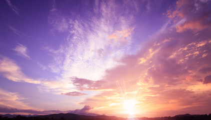 Fototapeta na wymiar World environment day concept: Amazing dramatic sky mountain sunset background 