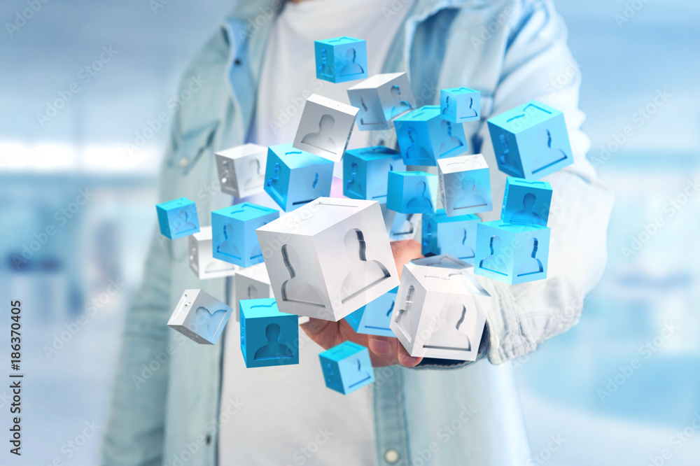 Poster 3d rendering blue and white cube on a futuristic interface