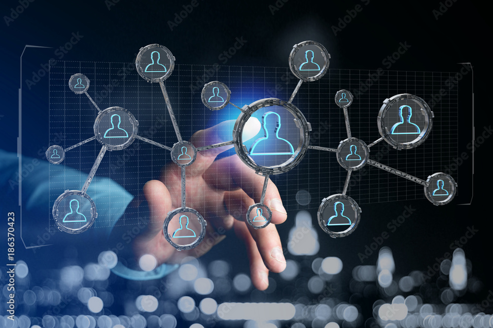 Poster network connection with people linked each other in technology wheel - 3d rendering