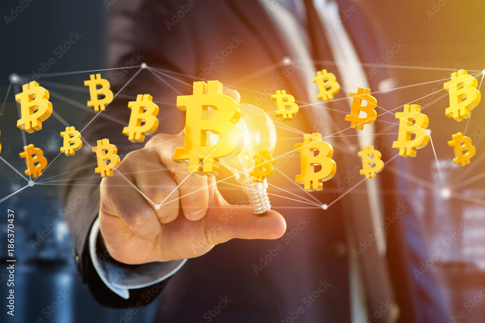 Poster bitcoin sign flying around a network connection - 3d render