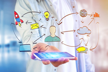 Hand drawn icon of business, multimedia and technology in interaction with a people