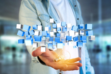 3d rendering blue and white cube on a futuristic interface