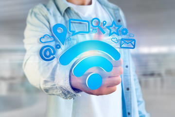 wifi symbol connection surrounded by multimedia and internet application logo - 3d rendering