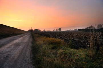 Scenic landscapes of agricultural meadow in dusk light.